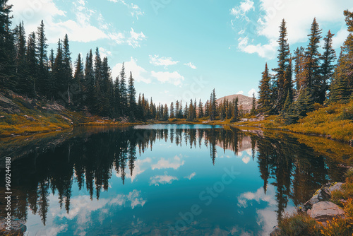 A tranquil mountain paradise with clear lake reflecting sky