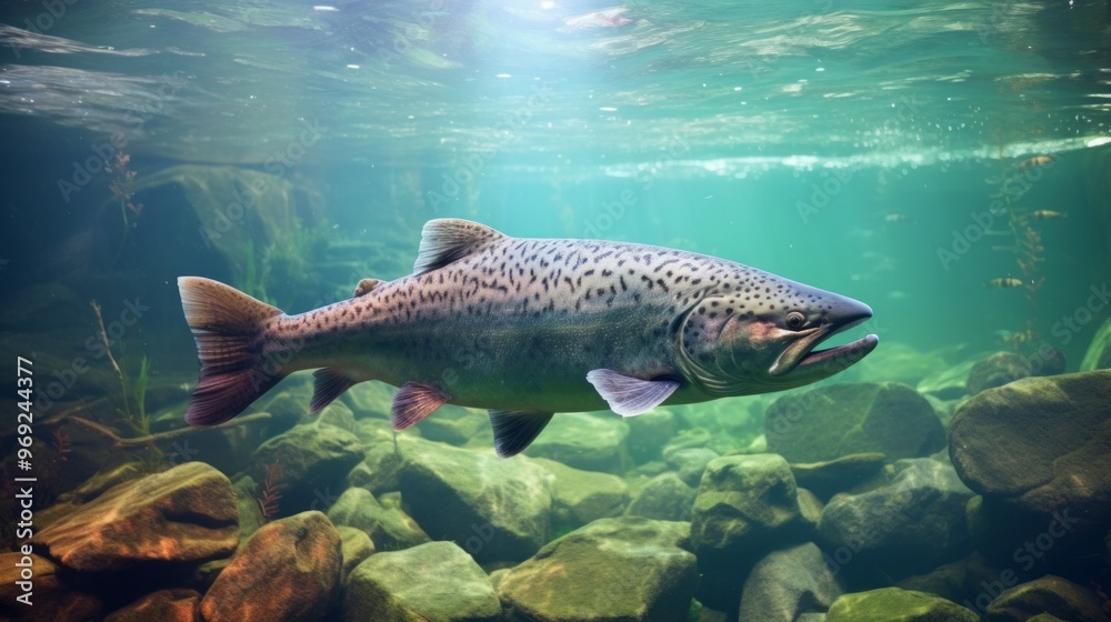 Predatory fish beautiful Salmon models in crystal clear water. Neural network ai generated art Predatory fish beautiful Salmon models in crystal clear water. Neural network ai generated art