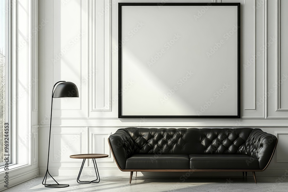 Modern interior featuring a black sofa, lamp, and large empty frame. Modern interior featuring a black sofa, lamp, and large empty frame.