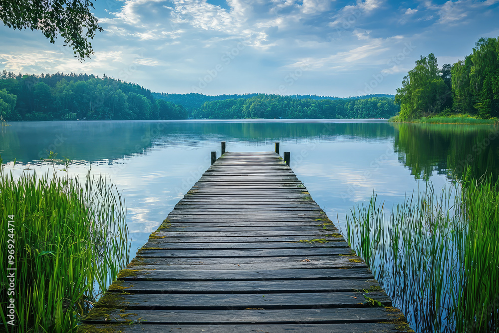 A tranquil paradise scene with wooden pier extending into serene lake