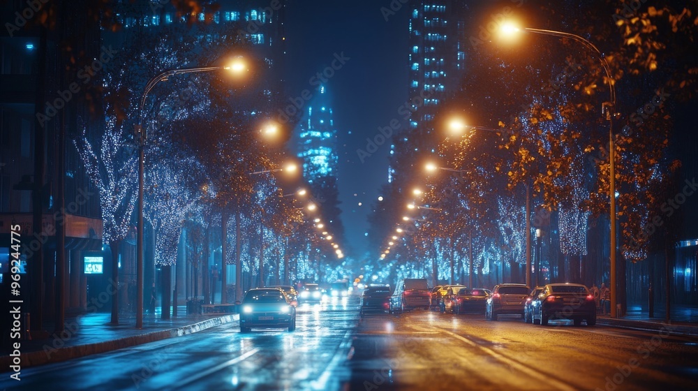 Futuristic AI-driven smart street lighting systems: A city illuminated by AI-controlled lights that adjust brightness based on pedestrian traffic. Futuristic AI-driven smart street lighting systems: A city illuminated by AI-controlled lights that adjust brightness based on pedestrian traffic.