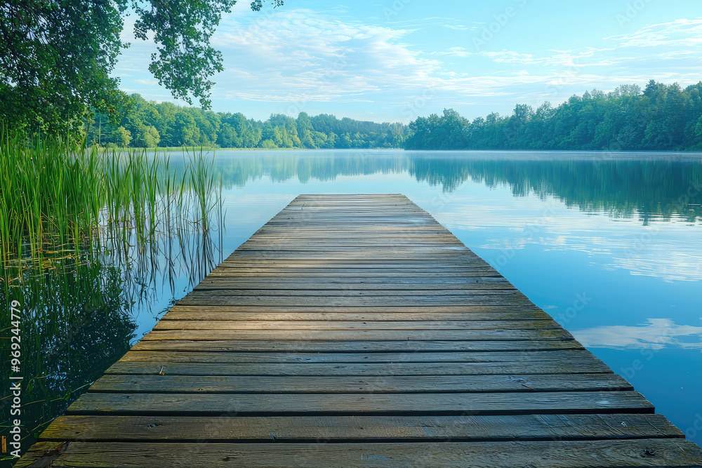 Obraz premium A tranquil paradise scene with wooden pier extending over calm water