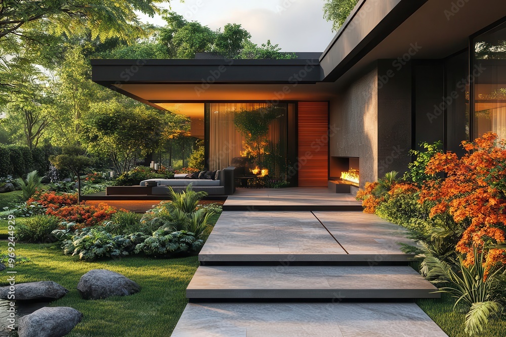 modern country house entrance with designer door sleek lines luxurious materials and harmonious integration with lush backyard garden elegant exterior radiating sophistication modern country house entrance with designer door sleek lines luxurious materials and harmonious integration with lush backyard garden elegant exterior radiating sophistication