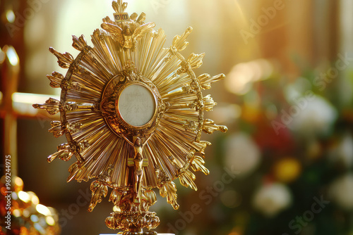 A stunning close up of Catholic churchs monstrance, radiating golden light