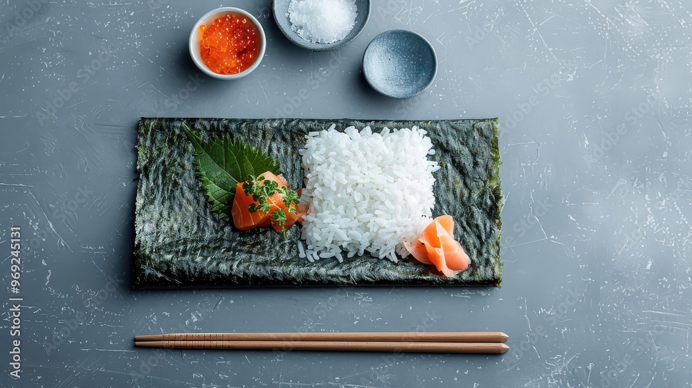 A crispy sheet of nori with sushi rice, salmon sashimi, and ikura. A crispy sheet of nori with sushi rice, salmon sashimi, and ikura.