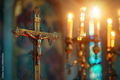 A detailed close up of Catholic churchs processional cross, radiating warmth and spirituality photo