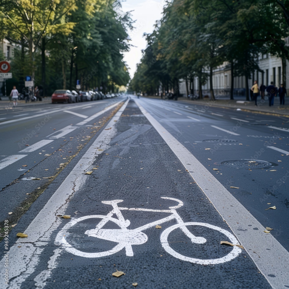 Obraz premium Two cyclists riding on a city street near a marked bike lane during a sunny day 