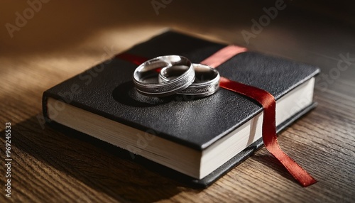 Wedding Rings on a Closed Bible - black book - with a Bookmark