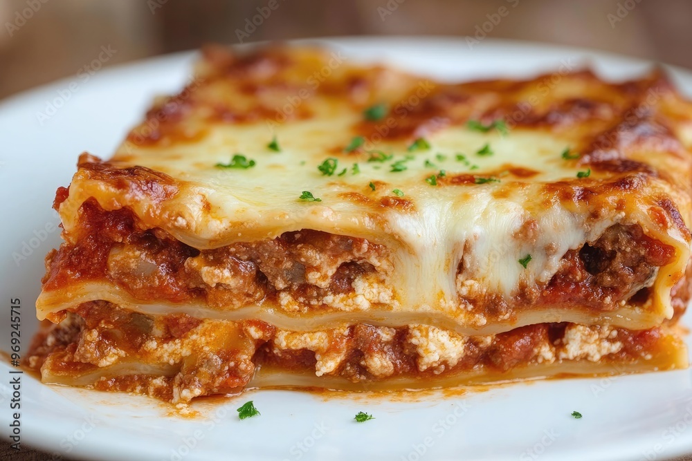 A hearty slice of homemade lasagna with melted cheese oozing from the layers A hearty slice of homemade lasagna with melted cheese oozing from the layers