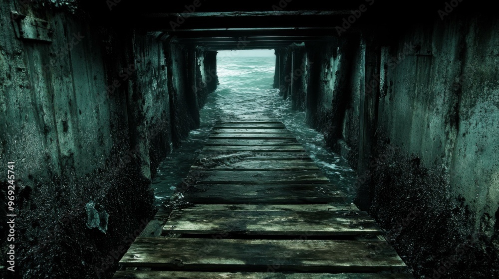 A Mysterious Pier Leading Into the Ocean: An Atmosphere of Tranquility and Depth A Mysterious Pier Leading Into the Ocean: An Atmosphere of Tranquility and Depth