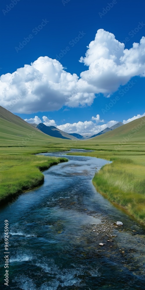 Fototapeta premium A river runs through a grassy valley with mountains in the background. The sky is cloudy, but the sun is still shining through. The scene is peaceful and serene, with the water flowing gently