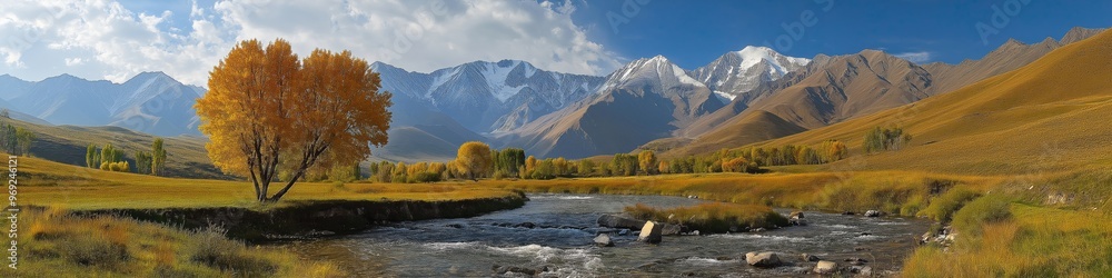A beautiful landscape with a tree in the foreground and mountains in the background. The scene is peaceful and serene, with the water flowing gently and the trees providing a sense of calm A beautiful landscape with a tree in the foreground and mountains in the background. The scene is peaceful and serene, with the water flowing gently and the trees providing a sense of calm