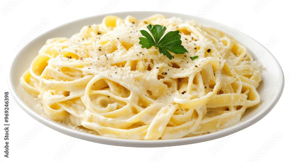 Creamy fettuccine pasta topped with grated cheese and parsley, served on white plate. This delicious dish is perfect for pasta lovers and evokes sense of comfort and satisfaction. Creamy fettuccine pasta topped with grated cheese and parsley, served on white plate. This delicious dish is perfect for pasta lovers and evokes sense of comfort and satisfaction.