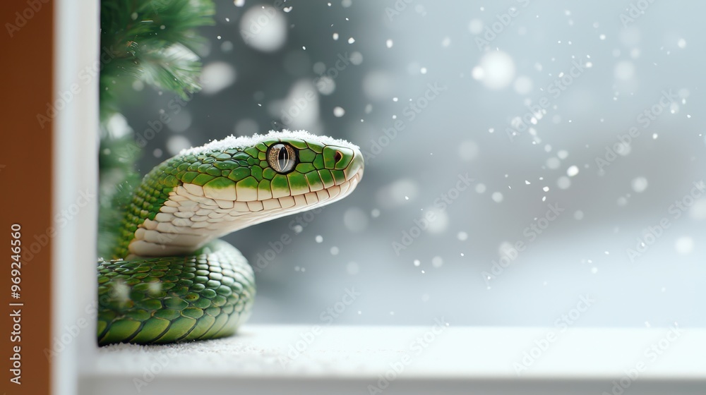 A green snake is curled up in the snow A green snake is curled up in the snow