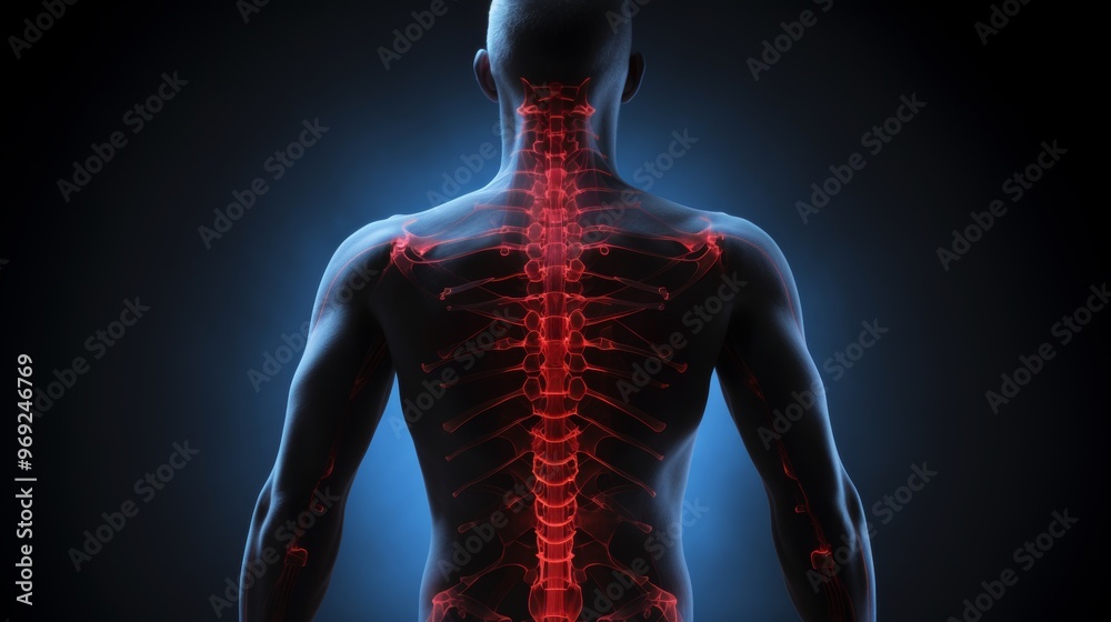 Man experiencing discomfort from back pain, gripping lower back with pain region highlighted Man experiencing discomfort from back pain, gripping lower back with pain region highlighted