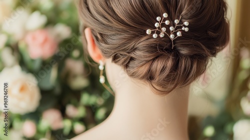 A close-up of a pearl hairpin placed in an elegant updo, with flowers in the background creating a romantic bridal look. photo