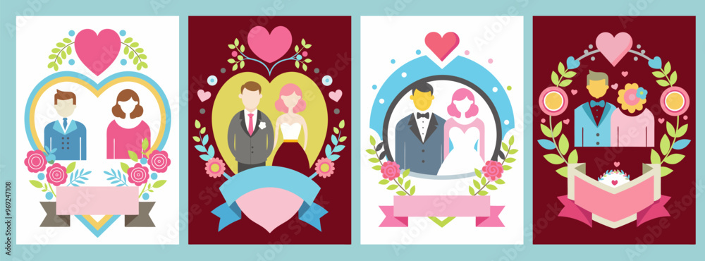Fototapeta premium four wedding invitation cards bride groom themed template collection