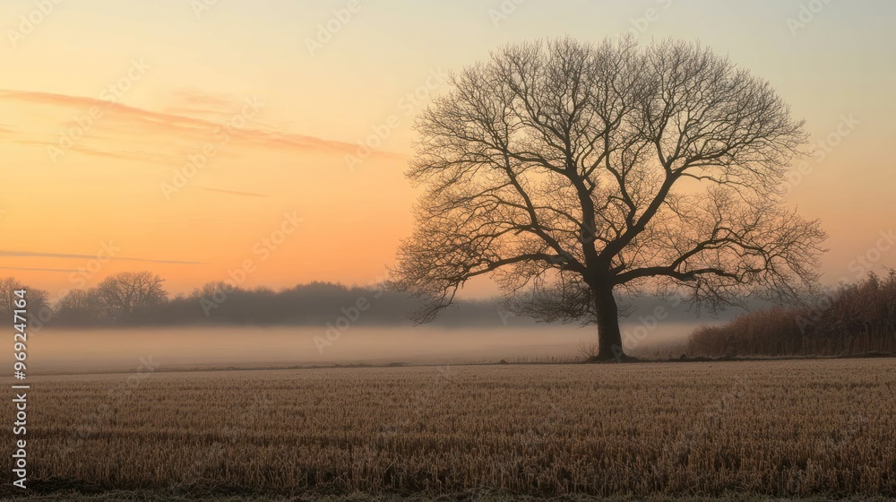 A solitary tree stands in a misty field at sunrise, creating a serene landscape. A solitary tree stands in a misty field at sunrise, creating a serene landscape.