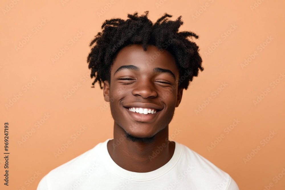 Happy young African American gen z guy winking isolated on beige background. Playful ethnic teen student, cool curly generation z teenager smiling with white perfect teeth, with generative ai Happy young African American gen z guy winking isolated on beige background. Playful ethnic teen student, cool curly generation z teenager smiling with white perfect teeth, with generative ai