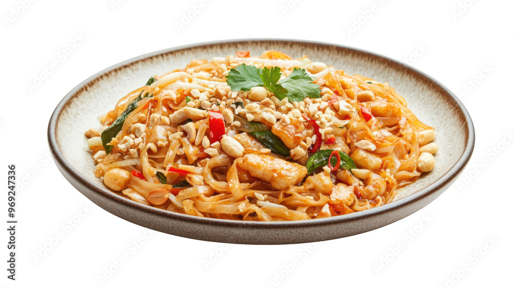 Delicious pad thai with rice noodles, vegetables, and peanuts, garnished with cilantro, served in round plate. This vibrant dish is perfect for food lovers. 