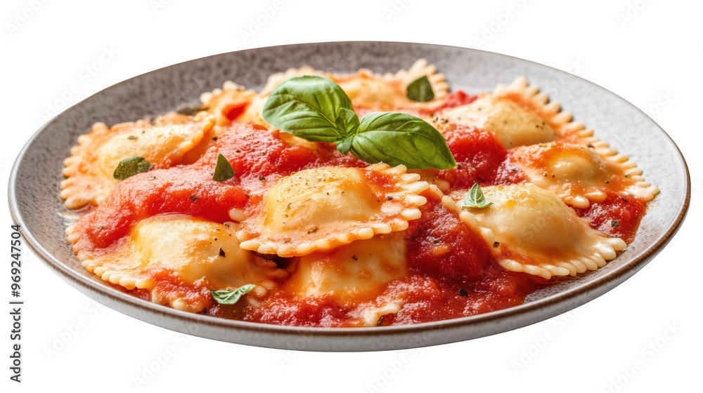Delicious ravioli served in rich tomato sauce, garnished with fresh basil leaves, creating mouthwatering Italian dish perfect for any meal. Delicious ravioli served in rich tomato sauce, garnished with fresh basil leaves, creating mouthwatering Italian dish perfect for any meal.