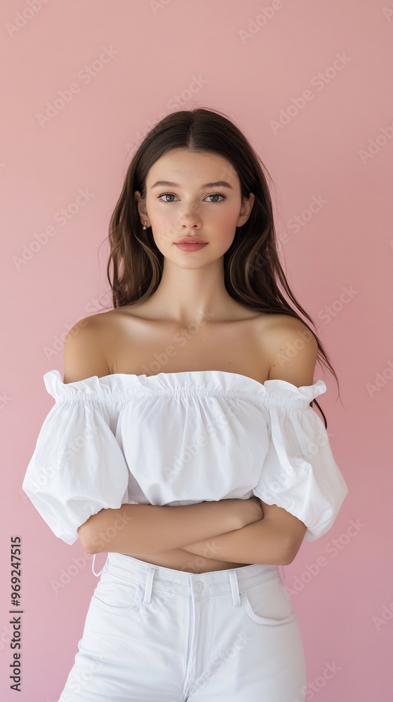 Woman in white top, arms crossed, pink background. AI Generated Woman in white top, arms crossed, pink background. AI Generated