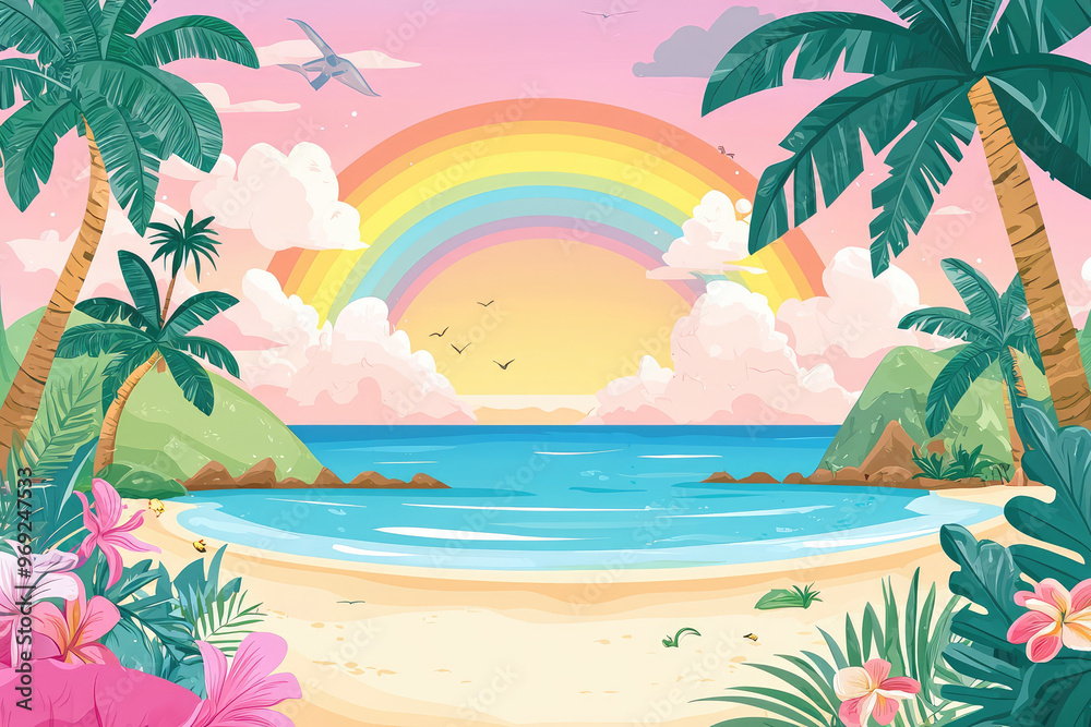 A vibrant illustration of tropical paradise with rainbow and palm trees A vibrant illustration of tropical paradise with rainbow and palm trees