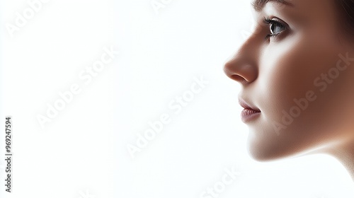 Close-up profile of a woman with natural makeup, looking to the side against a white background.