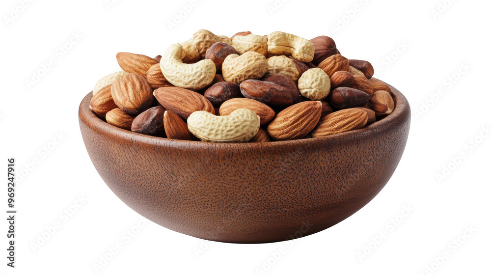 A wooden bowl filled with variety of nuts including almonds, cashews, and peanuts, showcasing healthy snack option. rich textures and colors create an inviting and nutritious display. A wooden bowl filled with variety of nuts including almonds, cashews, and peanuts, showcasing healthy snack option. rich textures and colors create an inviting and nutritious display.