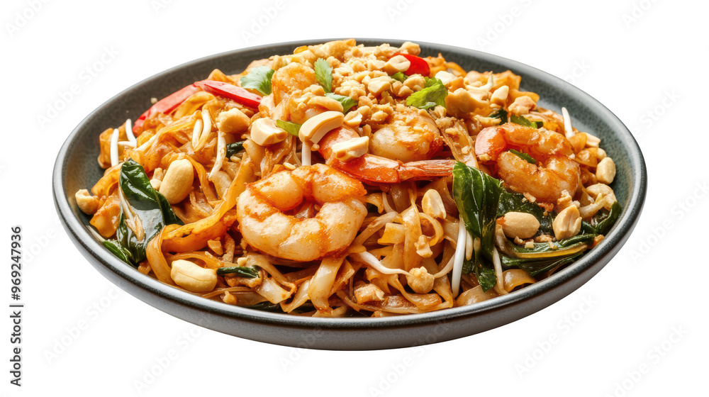 Delicious shrimp pad thai with vibrant vegetables, peanuts, and herbs, served in round black bowl. This dish is perfect blend of flavors and textures, making it delightful meal. Delicious shrimp pad thai with vibrant vegetables, peanuts, and herbs, served in round black bowl. This dish is perfect blend of flavors and textures, making it delightful meal.