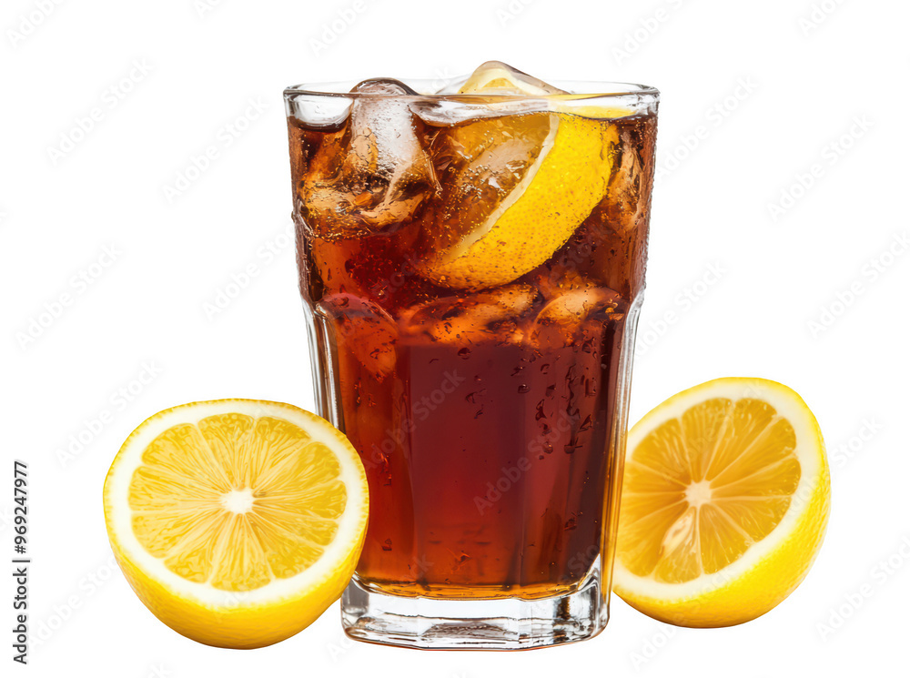 Refreshing iced tea with lemon slices, served in clear glass, surrounded by fresh lemon halves. Perfect for hot day! Refreshing iced tea with lemon slices, served in clear glass, surrounded by fresh lemon halves. Perfect for hot day!