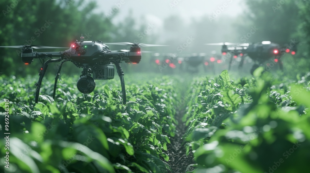 Smart agriculture systems using AI and robotics to optimize crop yields: Autonomous drones and robots maintaining a futuristic farm. Smart agriculture systems using AI and robotics to optimize crop yields: Autonomous drones and robots maintaining a futuristic farm.