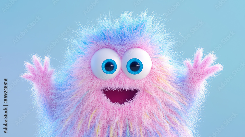 Cute pastel fluffy monster waving happily with wide blue eyes