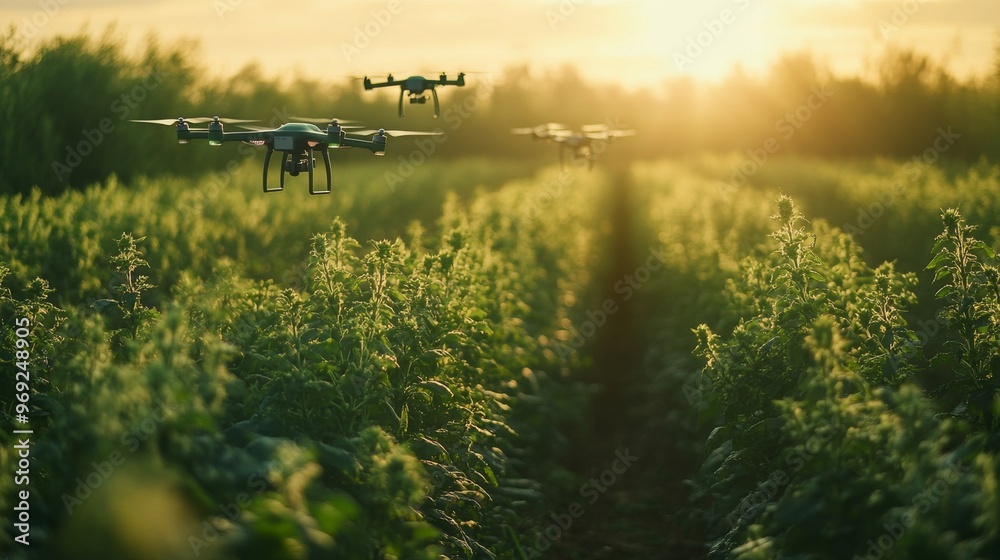 Smart agriculture with AI-monitored plant growth and harvest cycles: Fields of crops monitored by flying drones. Smart agriculture with AI-monitored plant growth and harvest cycles: Fields of crops monitored by flying drones.