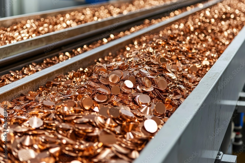 Metal Discs Moving Through a Factory Conveyor Belt Metal Discs Moving Through a Factory Conveyor Belt