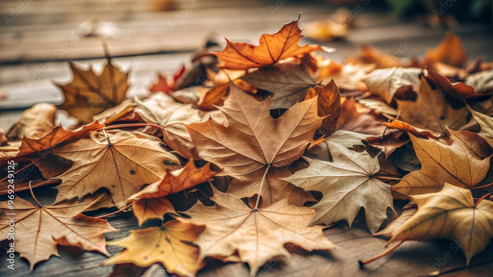 Colorful autumn leaves scattered on a wooden surface with warm tones Colorful autumn leaves scattered on a wooden surface with warm tones