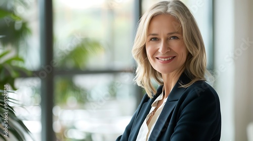 Successful Smiling Mature Businesswoman Using Laptop, Business Theme, Portrait Shot, Plain Office Background, Technology, Professional