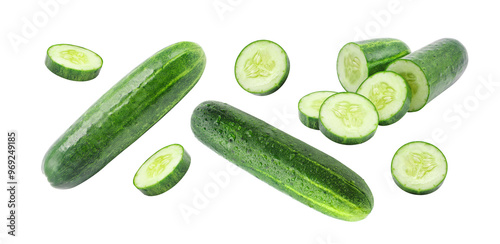 Flying cucumber has water drop with slices pattern isolated  on white background , clipping path.