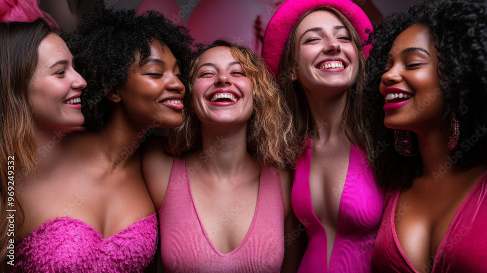 Fototapeta premium Group of Women in Pink Shirts Showing Solidarity for Breast Cancer Awareness 