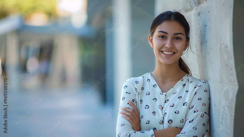 Young Smiling Business Student Standing Against College Campus Wall, Arms Crossed, Casual Attire, Education,
