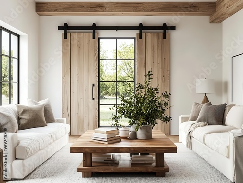 A farmhouse-style living room with a rustic wooden coffee table, neutral-toned sofas, and a large barn door as the statement, Photorealistic, Warm and cozy