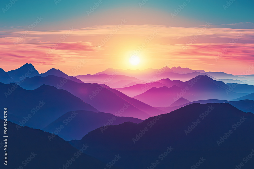 A vibrant sunset over paradise landscape with silhouettes of mountains A vibrant sunset over paradise landscape with silhouettes of mountains