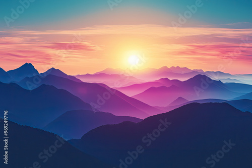 A vibrant sunset over paradise landscape with silhouettes of mountains