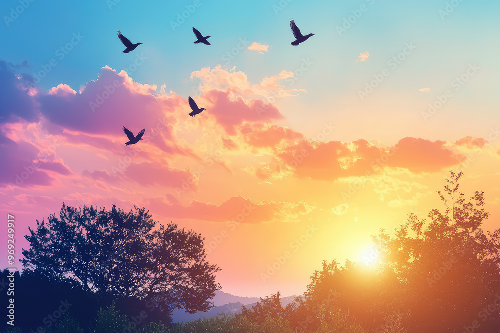 Fototapeta premium A vibrant sunset over paradise landscape with silhouettes of birds flying