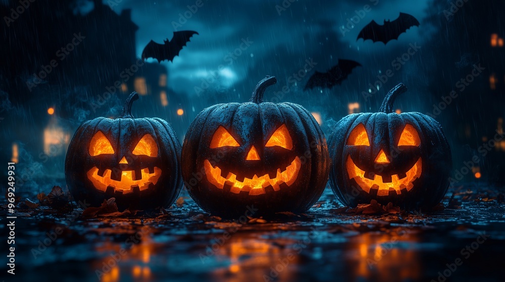 Three jack-o'-lanterns with glowing faces, storm clouds, and bats. Three jack-o'-lanterns with glowing faces, storm clouds, and bats.