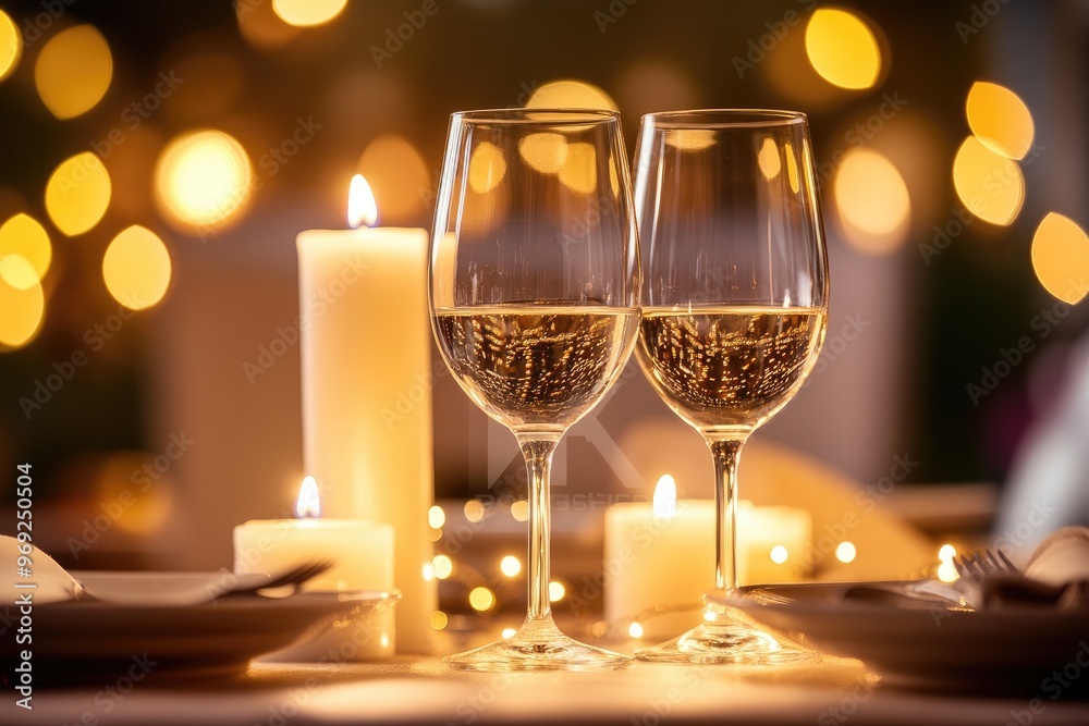 A pair of wine glasses and candles set for a romantic dinner A pair of wine glasses and candles set for a romantic dinner