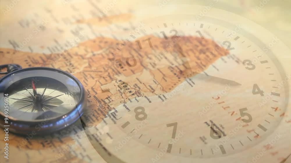 Animation of clock moving over compass and map Animation of clock moving over compass and map