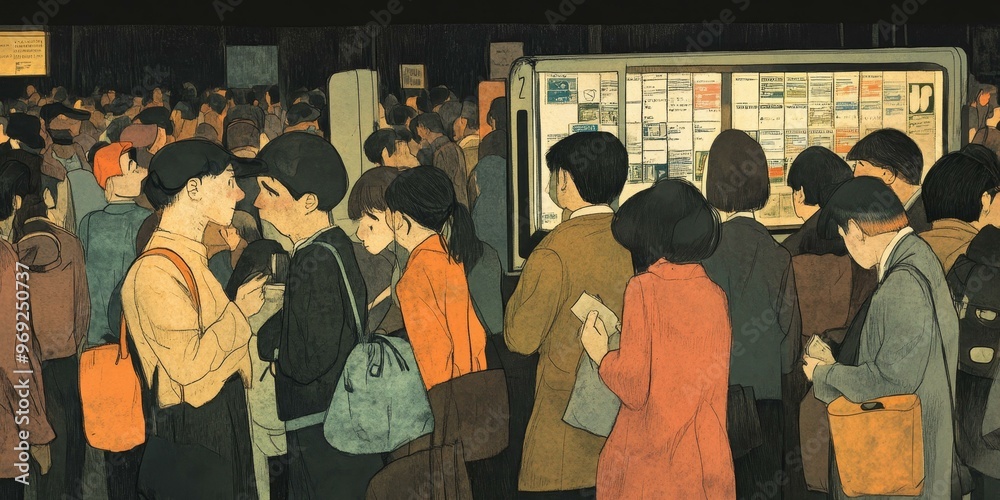 People stand in line to see a board. People stand in line to see a board.