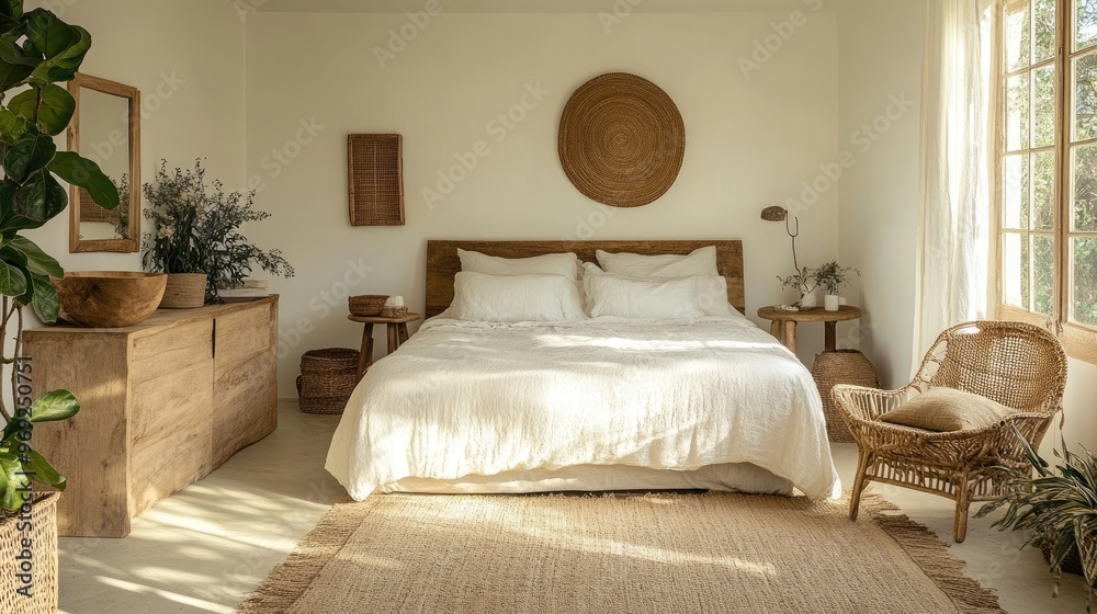 A bright and airy bedroom with furniture crafted from natural materials A bright and airy bedroom with furniture crafted from natural materials