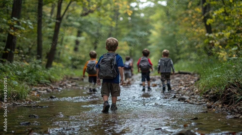 A group of children are walking through a forest A group of children are walking through a forest